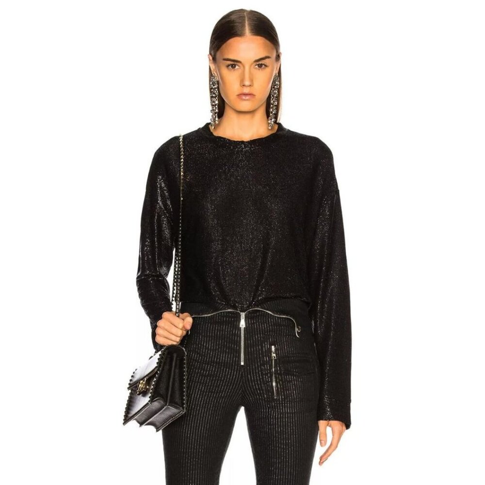 RtA Emmet Long Sleeve Top Dark Night Black Metallic High Shine Size Small